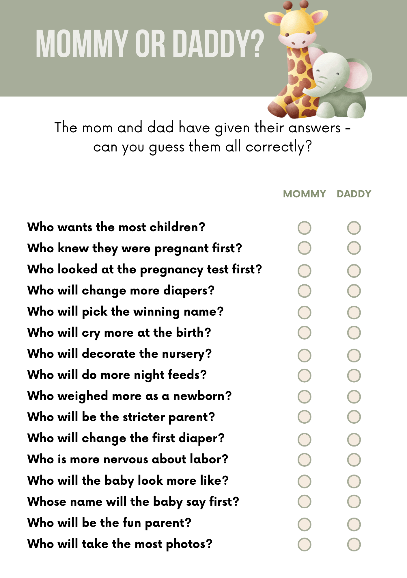 Baby Shower Games- Safari Animals – Digital Download (PDF)