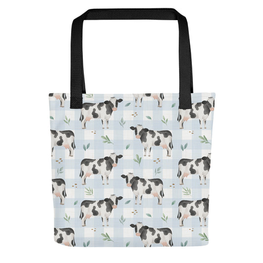 Blue Check Dairy Cow tote bag