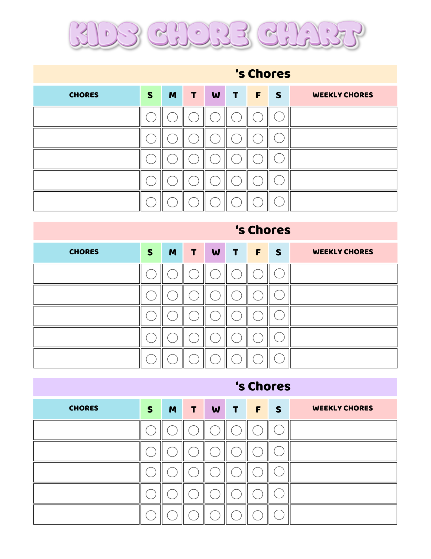 Chore Chart for Kids- Digital Download (PDF)