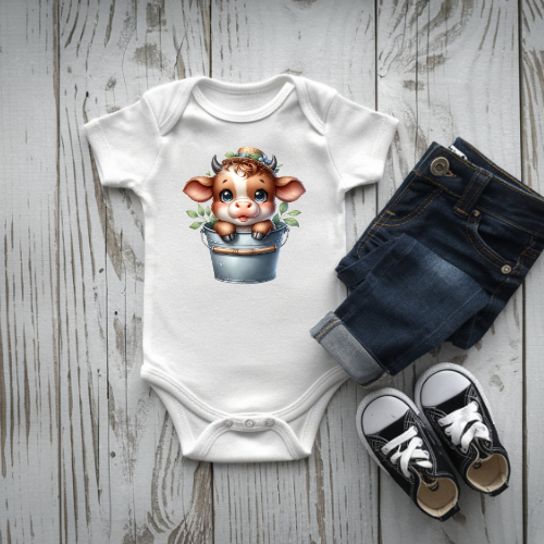 Cow Bucket baby onesie